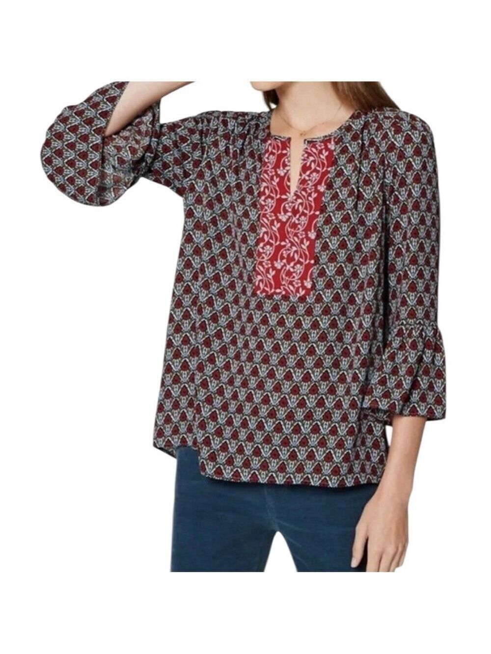 LOFT Boho Floral Pattern Top 3/4 Bell Sleeve Light Blue Green Red & Black Size M